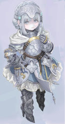 Rule 34 | 1girl, absurdres, armor, armored dress, blue dress, braid, buckle, capelet, closed mouth, dress, frilled dress, frills, full body, gauntlets, greaves, grey background, grey eyes, grey hair, grey theme, hand on own hip, headpiece, highres, laeticia (star ocean), looking at viewer, shiren (ourboy83), short hair, simple background, solo, square enix, standing, star ocean, star ocean the divine force, tabard, tri-ace, white capelet