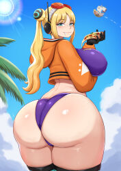 1girl ass black_gloves blonde_hair blue_eyes breasts cameltoe curvy food freckles gloves goggles highres holding holding_food huge_ass jacket large_breasts looking_at_viewer one_piece pizza pizza_slice shiny_skin skindentation sleeptopi thong thousand_sunny twintails vegapunk_york wide_hips