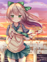 Rule 34 | 1girl, arm ribbon, bad id, bad pixiv id, black shirt, bleeding, blood, blush, bow, closed mouth, cloud, cloudy sky, commentary request, cowboy shot, crying, crying with eyes open, gradient sky, green bow, green eyes, green necktie, green skirt, hair bow, highres, light brown hair, looking at viewer, necktie, orange sky, original, outdoors, plaid necktie, plaid neckwear, pleated skirt, purple sky, railing, red ribbon, ribbon, rust, school uniform, shirt, short sleeves, skirt, sky, solo, standing, sunset, sweater vest, tears, tsuruse, wind, wind lift