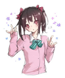Rule 34 | 1girl, artist name, artist request, black hair, blush, bow, bowtie, breasts, cardigan, collared shirt, double m/, female focus, green bow, green bowtie, hair between eyes, hair bow, highres, jacket, long hair, long sleeves, looking at viewer, love live!, love live! school idol project, nico nico nii, otonokizaka school uniform, parted lips, pink cardigan, pink jacket, pink shirt, red bow, red eyes, school uniform, shigure 43, shirt, short hair, short twintails, small breasts, smile, solo, striped bow, striped bowtie, striped clothes, sweatdrop, twintails, upper body, white background, yazawa nico
