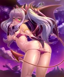 Rule 34 | 00s, 1girl, ass, back, bare legs, bare shoulders, bat wings, bikini, blush, breasts, bridal gauntlets, cloud, demon girl, fangs, female focus, female masturbation, finger sucking, fingering, highres, horns, huge ass, kagami hirotaka, legs, licking, lilim (taimanin asagi battle arena), lilith-soft, long hair, looking at viewer, looking back, masturbation, naughty face, night, nipples, partially visible vulva, pussy juice, saliva, shiny skin, sky, small breasts, solo, sweat, swimsuit, tail, taimanin (series), taimanin asagi, taimanin asagi kessen arena, thong, tongue, tongue out, twintails, underwear, wings