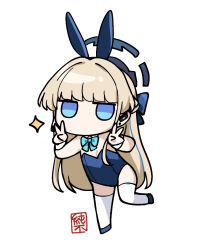 Rule 34 | 1girl, animal ears, blonde hair, blue archive, blue eyes, blue leotard, chibi, detached collar, double v, fake animal ears, full body, halo, junsuina fujunbutsu, leotard, long hair, looking at viewer, multicolored hair, no mouth, playboy bunny, rabbit ears, signature, simple background, solo, sparkle, standing, standing on one leg, streaked hair, thighhighs, toki (blue archive), toki (bunny) (blue archive), v, very long hair, white background, white thighhighs
