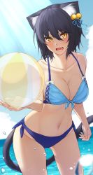 Rule 34 | 1girl, :d, animal ear fluff, animal ears, ball, bare shoulders, beachball, bikini, black hair, blue bikini, blue ribbon, blue sky, breasts, cat ears, cat girl, cat tail, cleavage, cloud, collarbone, commentary, cowboy shot, day, fang, front-tie bikini top, front-tie top, highres, holding, holding ball, light rays, looking at viewer, medium breasts, navel, ocean, open mouth, original, outdoors, ribbon, short hair, side-tie bikini bottom, sky, slit pupils, smile, solo, stomach, sunbeam, sunlight, swimsuit, tail, water, yellow eyes, yorugami rei