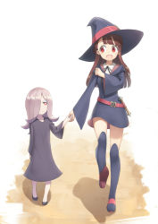 Rule 34 | 10s, 2girls, :d, age regression, aged down, belt, belt skirt, black dress, blue dress, blue thighhighs, blunt bangs, brown hair, dress, eye contact, grey hair, hair over one eye, hat, heijialan, holding hands, kagari atsuko, little witch academia, long hair, long sleeves, looking at another, multiple girls, open mouth, over-kneehighs, red eyes, shadow, shirt, simple background, smile, straight hair, sucy manbavaran, thighhighs, time paradox, walking, white background, white shirt, wide sleeves, witch, witch hat