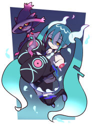 Rule 34 | aqua hair, bare shoulders, black thighhighs, creatures (company), detached sleeves, game freak, gen 4 pokemon, ghost, ghost miku (project voltage), glitch, gradient hair, grey shirt, hatsune miku, highres, long hair, looking at viewer, mismagius, multicolored hair, necktie, nintendo, pale skin, parted lips, pokemon, pokemon (creature), project voltage, see-through, see-through skirt, shirt, skirt, sleeves past fingers, sleeves past wrists, thighhighs, twintails, umenodo, very long hair, vocaloid, will-o&#039;-the-wisp (mythology), yellow eyes