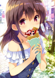 Rule 34 | absurdres, black hair, blush, day, dress, eating, fingernails, food, gi(a)rlish number, hair between eyes, highres, ice cream, jewelry, karasuma chitose, long hair, nail polish, necklace, outdoors, pink eyes, smile, solo, standing