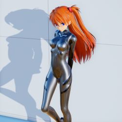 Rule 34 | 1girl, 3d, alternate color, arms behind back, artist request, blue eyes, bodysuit, breasts, grey bodysuit, highres, long hair, looking at viewer, medium breasts, neon genesis evangelion, orange hair, plugsuit, shiny clothes, smile, solo, souryuu asuka langley, standing, twintails, upper body, very long hair