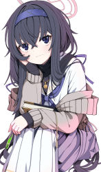 Rule 34 | 1girl, absurdres, black hair, blue archive, blue eyes, blue hairband, blue neckerchief, book, cardigan, closed mouth, grey cardigan, hair between eyes, hair ribbon, hairband, head rest, highres, jewelry, long hair, long sleeves, looking at viewer, morumoru x, neckerchief, necklace, ribbon, sailor collar, school uniform, serafuku, simple background, sitting, skirt, solo, sparkle, ui (blue archive), very long hair, white background, white sailor collar