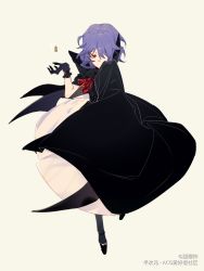 Rule 34 | 1girl, artist name, black cloak, black footwear, black gloves, chinese commentary, cloak, coin, commentary, copyright notice, covered mouth, dress, full body, gem, gloves, grey thighhighs, hair over one eye, highres, looking at viewer, no headwear, one eye covered, purple hair, red eyes, red gemstone, red ribbon, remilia scarlet, ribbon, shoes, short hair, solo, thighhighs, tian (my dear), touhou, white background, white dress
