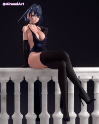 Rule 34 | 1girl, 3d, airexelart, black choker, black dress, black gloves, black panties, black thighhighs, blue eyes, blue hair, breasts, choker, cleavage, dress, full body, gloves, high heels, highres, hololive, hololive english, large breasts, looking at viewer, ouro kronii, panties, self-upload, short hair, sitting, solo, thighhighs, underwear, virtual youtuber