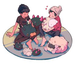 Rule 34 | 2boys, alternate color, arm support, bad id, bad twitter id, barefoot, beanie, black hair, blush, brown pants, brown shirt, cable knit, closed eyes, commentary request, creatures (company), dark-skinned male, dark skin, game freak, gen 7 pokemon, gen 8 pokemon, grey headwear, hat, heart, holding, holding pokemon, hop (pokemon), male focus, multiple boys, nintendo, pants, pincurchin, pokemon, pokemon (creature), pokemon swsh, pyukumuku, red shirt, shirt, short hair, sitting, sleeves rolled up, smile, snom, toes, tsuda (tsudapm), victor (pokemon), wooloo
