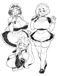 Rule 34 | 3girls, bad id, bad tumblr id, bare shoulders, breasts, character request, cleavage, closed eyes, collarbone, commentary, gloves, greyscale, huge breasts, long hair, looking at viewer, maid, maid headdress, microphone, monochrome, multiple girls, music, short hair, simple background, singing, smile, thighhighs, thighs, white background, zako (arvinry)