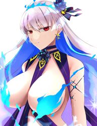 Rule 34 | 1girl, absurdres, bare shoulders, blue fire, blue hair, blue skin, blush, body markings, breasts, colored inner hair, colored skin, earrings, fate/grand order, fate (series), fire, flower, hair flower, hair ornament, hair ribbon, highres, jewelry, kama (fate), kama (swimsuit avenger) (fate), kama (swimsuit avenger) (third ascension) (fate), kankitsu kei, large breasts, long hair, looking at viewer, lotus, multicolored hair, revealing clothes, ribbon, solo, star (symbol), star earrings, two-tone hair, white hair, yellow eyes