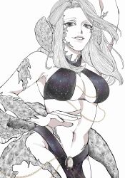 1girl absurdres au_ra bare_shoulders breasts chain criss-cross_halter dragon_girl final_fantasy final_fantasy_xiv gold_chain halterneck highres horns lineart looking_at_viewer navel pelvic_curtain scales smile solo tail warrior_of_light_(ff14) white_background yomorio_lingerie