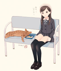 1girl animal beige_background beret black_jacket black_pantyhose black_skirt blue_ribbon blush brown_eyes brown_hair brown_shoes cat collared_shirt crayon dated female_focus hair_ornament hairclip hat holding jacket kokudou_juunigou loafers long_hair looking_at_viewer neck_ribbon on_bench open_mouth original pantyhose pleated_skirt ribbon shirt shoes sitting skirt solo swept_bangs translated white_hat white_shirt