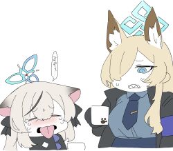 Rule 34 | 2girls, absurdres, animal ear fluff, animal ears, armband, black dress, black jacket, black ribbon, blonde hair, blue archive, blue armband, blue eyes, blue necktie, blue shirt, blue skirt, blush, chibi, closed eyes, crying, cup, dress, ears down, furrowed brow, grey hair, grimace, hair over one eye, hair ribbon, half-closed eyes, halo, highres, holding, holding cup, jacket, kanna (blue archive), kokona (blue archive), looking at another, looking down, mug, multiple girls, necktie, nose blush, open clothes, open jacket, open mouth, raised eyebrows, ribbon, sharp teeth, shima (wideshi ma), shirt, shirt tucked in, simple background, skirt, sweat, teeth, tie clip, tongue, tongue out, translated, upper body, white background