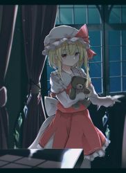 Rule 34 | 1girl, absurdres, arms up, blonde hair, blurry, blurry background, commentary request, cowboy shot, curtains, dark room, expressionless, flandre scarlet, hair between eyes, hat, hat ribbon, highres, holding, holding stuffed toy, indoors, iyo (ya na kanji), letterboxed, looking at viewer, mob cap, night, one side up, petticoat, pointy ears, puffy short sleeves, puffy sleeves, red eyes, red skirt, red vest, ribbon, shirt, short hair, short sleeves, skirt, solo, standing, stuffed animal, stuffed toy, table, teddy bear, touhou, vest, white hat, white shirt, window, wings