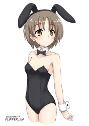 Rule 34 | 10s, 1girl, animal ears, black bow, black bowtie, black leotard, bow, bowtie, breasts, brown eyes, brown hair, closed mouth, collar, collarbone, commentary, covered navel, cowboy shot, cropped legs, dated, detached collar, fake animal ears, female focus, flipper, girls und panzer, leotard, looking to the side, maruyama saki, one-hour drawing challenge, playboy bunny, rabbit ears, short hair, simple background, small breasts, solo, standing, twitter username, white background, white collar, wrist cuffs