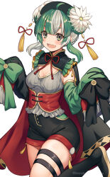 1girl :d absurdres ahoge black_bow black_footwear black_shorts blush boots bow braid cowboy_shot detached_sleeves double_bun flower frills green_bow green_eyes green_hair green_hat grey_hair grey_shirt hair_bun hair_flower hair_ornament hat highres indie_virtual_youtuber kurebayashi_noe leg_up long_sleeves looking_at_viewer maka_mao multicolored_hair open_mouth shirt shorts sidelocks simple_background sleeves_past_fingers sleeves_past_wrists smile solo thigh_strap twitter_username two-tone_hair virtual_youtuber white_background white_flower