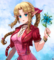 Rule 34 | 1girl, aerith gainsborough, aerith gainsborough (cosplay), alternate costume, alternate hairstyle, blonde hair, blue eyes, blush, bracelet, breasts, choker, cleavage, cloud, cloudy sky, cosplay, crossover, final fantasy, final fantasy vii, flower, fusion, hair ribbon, hal laboratory, highres, jewelry, long hair, looking at viewer, medium breasts, necklace, nintendo, open mouth, pointy ears, ponytail, possessed, possession, princess zelda, ribbon, silent princess, sky, smile, spirit, spirit (super smash bros.), square enix, stoic seraphim, super smash bros., the legend of zelda, the legend of zelda: a link between worlds, triangle, triforce