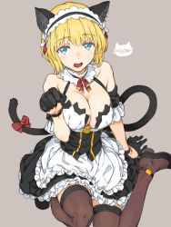 Rule 34 | 1girl, animal ears, apron, arm support, bare shoulders, black footwear, black gloves, black thighhighs, blonde hair, blue eyes, bow, breasts, brown thighhighs, cat ears, cat girl, cat tail, character request, cleavage, collarbone, commentary, detached collar, dress, frilled apron, frills, gloves, grey background, haimura kiyotaka, half gloves, highres, large breasts, looking at viewer, maid, maid apron, maid headdress, medium hair, open mouth, paw pose, red ribbon, ribbon, shoes, short sleeves, simple background, sitting, skirt, solo, speech bubble, symbol-only commentary, tail, tail bow, tail ornament, tail ribbon, thighhighs, waist apron, wariza, white apron, zettai ryouiki
