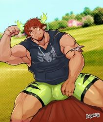 Rule 34 | 1boy, animal ears, bara, biceps, blurry, blurry background, blush, brown eyes, brown hair, bulge, cow ears, dark-skinned male, dark skin, facial hair, field, fiery horns, flexing, forked eyebrows, glowing horns, goatee, green shorts, grey shirt, highres, hooded shirt, horns, large pectorals, looking at viewer, male focus, muscular, navel, pectorals, robokeh, shirt, short hair, shorts, sitting, sleeveless, sleeveless shirt, solo, spread legs, thick eyebrows, thick thighs, thighs, tight clothes, tokyo houkago summoners, wakan tanka