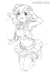 Rule 34 | 1girl, :d, armpits, belt, bow, commentary request, crop top, english text, gloves, greyscale, hair between eyes, hair bow, haoni, jumping, kosaka honoka, looking at viewer, love live!, love live! school idol project, midriff, monochrome, navel, no brand girls, one side up, open mouth, round teeth, salute, shoes, simple background, skirt, smile, solo, song name, teeth, thighhighs, vest, white background