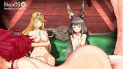 Rule 34 | 1boy, 3d, 3girls, animal ears, animated, blobcg, blonde hair, breasts, earrings, grey hair, jewelry, large breasts, long hair, medium breasts, multiple girls, mythra (xenoblade), nia (blade) (xenoblade), nia (xenoblade), nipples, nude, opaluva, pyra (xenoblade), red hair, sex, sex from behind, short hair, sound, tagme, vaginal, very long hair, video, xenoblade chronicles (series), xenoblade chronicles 2, yellow eyes