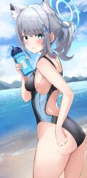 Rule 34 | 1girl, absurdres, animal ear fluff, animal ears, ass, beach, black one-piece swimsuit, blue archive, blue eyes, blue sky, bottle, breasts, cloud, competition swimsuit, cross hair ornament, day, extra ears, grey hair, hair ornament, halo, highres, horizon, looking at viewer, looking back, low ponytail, medium breasts, medium hair, mismatched pupils, mountainous horizon, multicolored clothes, multicolored swimsuit, ocean, official alternate costume, one-piece swimsuit, outdoors, saabyboi, shiroko (blue archive), shiroko (swimsuit) (blue archive), sky, swimsuit, wedgie, wolf ears