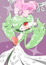 Rule 34 | 1girl, blush, bob cut, bow, colored skin, creatures (company), female focus, flat chest, game freak, gardevoir, gen 3 pokemon, green hair, green skin, hair bow, hair over one eye, hands up, happy, heart, highres, kazamidoririnn, looking up, multicolored skin, nintendo, one eye covered, open mouth, pink bow, pink gemstone, pokemon, pokemon (creature), purple background, red eyes, shiny skin, short hair, smile, solo, sparkle, standing, terastallization, two-tone background, two-tone skin, white skin