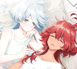 Rule 34 | 2girls, ahoge, bed, closed eyes, collarbone, drooling, grey eyes, gundam, gundam suisei no majo, indoors, light blush, long hair, looking at another, miorine rembran, multiple girls, open mouth, pillow, playing with another&#039;s hair, red hair, sakuraba yuuki, sleeping, suletta mercury, thick eyebrows, under covers, white hair, yuri