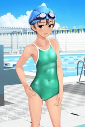 Rule 34 | 1girl, absurdres, black hair, blue headwear, blue one-piece swimsuit, blue sky, brown eyes, cloud, commentary request, competition school swimsuit, covered navel, day, feet out of frame, goggles, goggles on head, hand on own hip, highres, lane line, one-piece swimsuit, original, outdoors, pool, pool ladder, school swimsuit, short hair, sky, solo, standing, starting block, string of flags, swim cap, swimsuit, takafumi, tan, tomboy, variant set