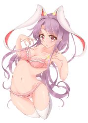 Rule 34 | 1girl, animal ears, bad id, bad pixiv id, bra, breasts, extra ears, eyes visible through hair, highres, hiyo koiro, lingerie, long hair, medium breasts, navel, panties, pink bra, pink eyes, pink panties, purple hair, rabbit ears, rabbit girl, rabbit tail, reisen udongein inaba, simple background, solo, tail, thigh gap, thighhighs, touhou, underwear, underwear only, very long hair, white background, white thighhighs