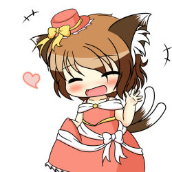 Rule 34 | +++, 1girl, :d, ^ ^, alternate costume, animal ear fluff, animal ears, brown hair, cat ears, cat tail, chen, chibi, closed eyes, dress, facing viewer, hat, heart, kurumai, multiple tails, nekomata, one-hour drawing challenge, open mouth, pink hat, short hair, simple background, smile, solo, tail, top hat, touhou, two tails, white background