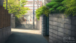 Rule 34 | bad id, bad pixiv id, commentary, copyright name, dappled sunlight, day, deviantart username, fence, highres, kimi no na wa., no humans, outdoors, plant, power lines, qs2435, railing, road, scenery, shinjuku (tokyo), stairs, stone wall, street, sunlight, tokyo (city), tree, utility pole, wall, wooden fence