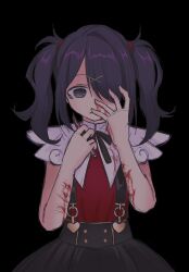 Rule 34 | 1girl, ame-chan (needy girl overdose), black background, black eyes, black hair, black ribbon, black skirt, bleeding, blood, blood on arm, blood on face, boxcutter, collar, collared shirt, commentary, hair ornament, hair over one eye, hair tie, hairclip, highres, holding, holding boxcutter, human experiment (wwinterdotcom), neck ribbon, needy girl overdose, red shirt, ribbon, self-harm, shirt, shirt tucked in, simple background, skirt, solo, suspender skirt, suspenders, symbol-only commentary, twintails, white collar, wrist cutting, x hair ornament