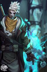 Rule 34 | 1boy, afterimage, arcane: league of legends, brown gloves, coat, commentary, dark-skinned male, dark skin, dreadlocks, ekko (league of legends), english commentary, facial tattoo, firelight ekko, gloves, green coat, highres, jahnoy lindsay, league of legends, long coat, looking at viewer, male focus, mohawk, neckerchief, open clothes, open coat, pocket watch, sneer, solo, standing, tattoo, undercut, very dark skin, watch, weapon, weapon on back, white hair