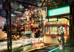 Rule 34 | 1girl, bag, city, cyberpunk, long hair, mecha musume, nanatsuki sousuke, original, plastic bag, science fiction, solo, spring onion, train, train station, white hair