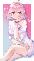 Rule 34 | 1girl, ahoge, blush, choker, closed mouth, collar, hair intakes, head rest, heart, heart on chest, highres, idolmaster, idolmaster cinderella girls, looking at viewer, off-shoulder shirt, off shoulder, pink eyes, pink hair, poho, shirt, short hair, short sleeves, sitting, smile, solo, white background, white shirt, yumemi riamu
