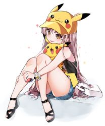 Rule 34 | 1girl, :3, :d, :p, bag, bare arms, bare legs, bare shoulders, blunt bangs, blush, body blush, brown eyes, buckle, charm (object), chyoling, closed mouth, creatures (company), full body, game freak, gen 1 pokemon, hat, head tilt, holding, holding poke ball, knees together feet apart, knees up, long hair, looking at viewer, nintendo, open mouth, original, pikachu, poke ball, pokemon, pokemon (creature), pokemon sm, sandals, selene (pokemon), shoulder bag, sile, simple background, sitting, sleeveless, smile, tank top, tareme, tongue, tongue out, twitter username, very long hair, white background, yellow hat, z-ring