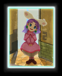 Rule 34 | 1girl, absurdres, akumesik, blue eyes, crying, crying with eyes open, dress, earrings, full body, grandia, grandia i, highres, jewelry, long hair, looking at viewer, open mouth, purple hair, puui (grandia), smile, socks, solo, striped clothes, striped socks, sue (grandia), tears