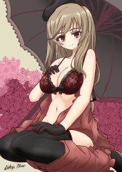 Rule 34 | 1girl, artist name, black gloves, black thighhighs, black umbrella, blush, bow, bow bra, bra, breasts, brown eyes, brown hair, cleavage, closed mouth, clothes pull, commentary, flower, girls und panzer, gloves, hand on own chest, hand on own thigh, highres, jacket, lace, lace-trimmed bra, lace bra, lace trim, lichyiblue, light blush, long hair, looking at viewer, mature female, medium breasts, navel, off shoulder, purple flower, red bra, red jacket, red skirt, shimada chiyo, signature, sitting, skirt, skirt around ankles, skirt pull, smile, solo, thighhighs, umbrella, underwear, wariza