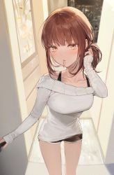 Rule 34 | 1girl, blush, breasts, brown hair, dolphin shorts, doorway, dress, hair tie, hair tie in mouth, highres, indoors, long sleeves, looking at viewer, medium breasts, mouth hold, off-shoulder sweater, off shoulder, original, oyabuli, ponytail, pov doorway, ribbed sweater, shorts, solo, sweater, sweater dress, tucking hair, white sweater, yellow eyes