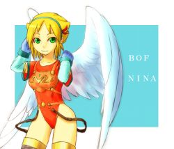 Rule 34 | 1girl, angel wings, armor, blonde hair, boots, breasts, breath of fire, breath of fire i, gloves, green eyes, hairband, highres, large wings, leotard, nina (breath of fire i), red leotard, short hair, small breasts, solo, thighhighs, torisei8, white wings, wings