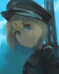 Rule 34 | 1girl, blonde hair, blue eyes, blue sky, erica hartmann, gun, hat, looking at viewer, military, military uniform, peaked cap, shiraba (sonomama futene), short hair, sky, smile, solo, strike witches, uniform, weapon, world witches series