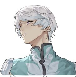 Rule 34 | 1boy, blue shirt, commentary request, eyelashes, looking to the side, male focus, parted lips, pon52io, purple eyes, shirt, short hair, simple background, solo, sorey (tales), tales of (series), tales of zestiria, unfinished, upper body, white background, white hair