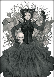 Rule 34 | 1girl, bad id, bad pixiv id, book, breasts, clock, compass, corset, dress, elbow gloves, fingerless gloves, flower, gloves, kilart, large breasts, long dress, marvel, monochrome, nico minoru, original, pocket watch, short twintails, shoulder pads, skull, solo, twintails, watch