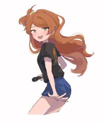 Rule 34 | 1girl, :d, black shirt, blue shorts, cropped legs, floating hair, highres, holding, holding microphone, idolmaster, idolmaster million live!, looking at viewer, looking back, microphone, one side up, ogami tamaki, open mouth, orange hair, shirt, shorts, simple background, smile, solo, to finally, white background