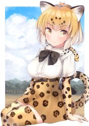 Rule 34 | 1girl, animal ear fluff, animal ears, black bow, black bowtie, blonde hair, blue sky, bow, bowtie, closed mouth, cloud, cloudy sky, commentary, day, elbow gloves, fur collar, gloves, high-waist skirt, highres, invisible chair, jaguar (kemono friends), jaguar ears, jaguar print, jaguar tail, kemono friends, kinou no shika, looking at viewer, outdoors, outside border, print gloves, print skirt, print thighhighs, shirt, short hair, short sleeves, sitting, skirt, sky, smile, solo, symbol-only commentary, tail, thighhighs, white shirt, yellow eyes, yellow gloves, yellow skirt, yellow thighhighs