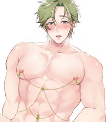 Rule 34 | 1boy, 7go3 nc, blush, green eyes, green hair, jewelry, male focus, muscular, muscular male, nipples, nu carnival, olivine (nu carnival), open mouth, short hair, white background